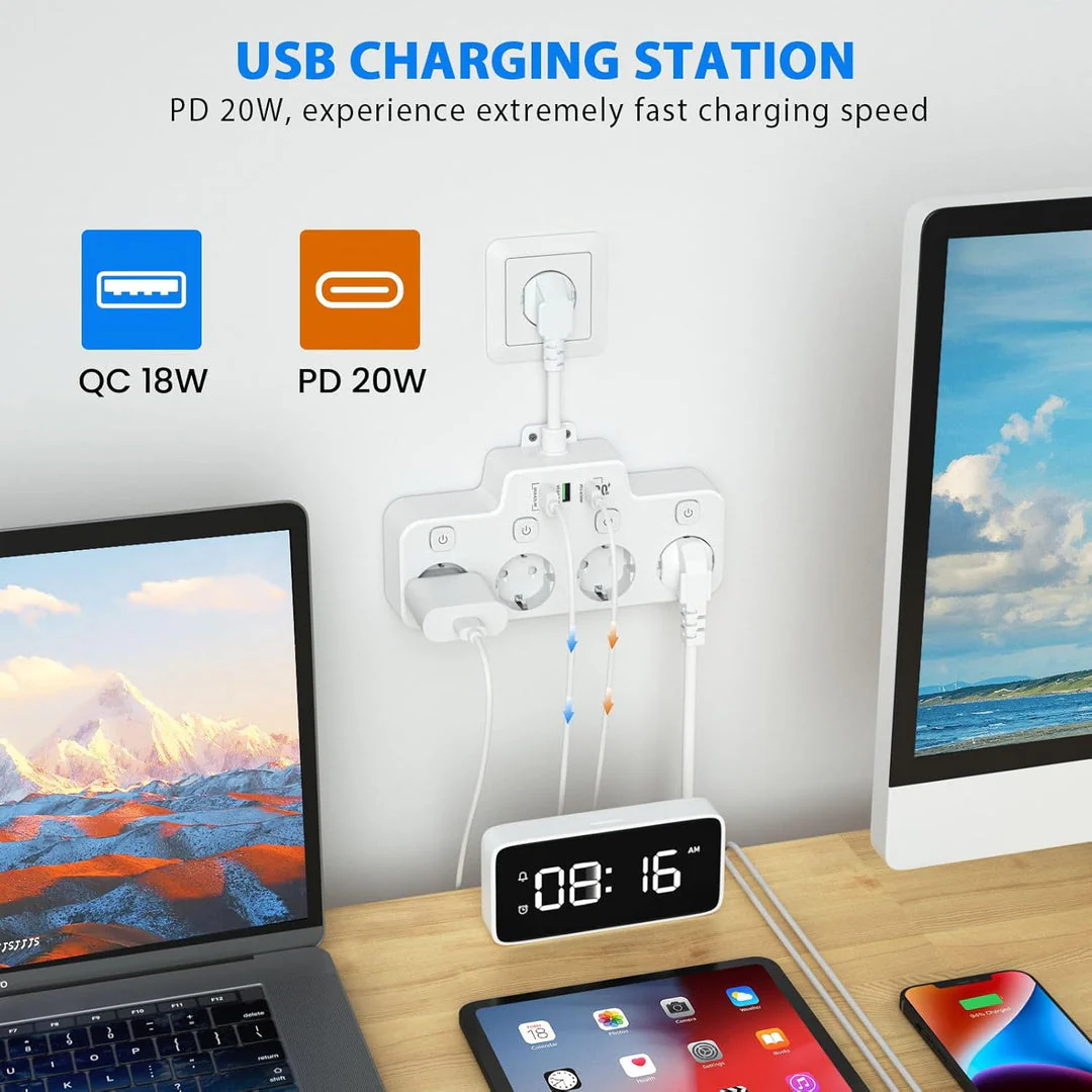 Wall-mounted Power Strip With Independent Switch - 2 USB A And 1 USB C - Image 6
