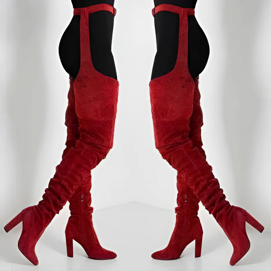 Women Faux Suede Thigh High Waist Belt Chunky High Heel Slouch Boots | Over The Knee Waist Belted Boots - Image 2