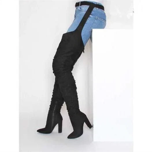 Women Faux Suede Thigh High Waist Belt Chunky High Heel Slouch Boots | Over The Knee Waist Belted Boots - Image 4