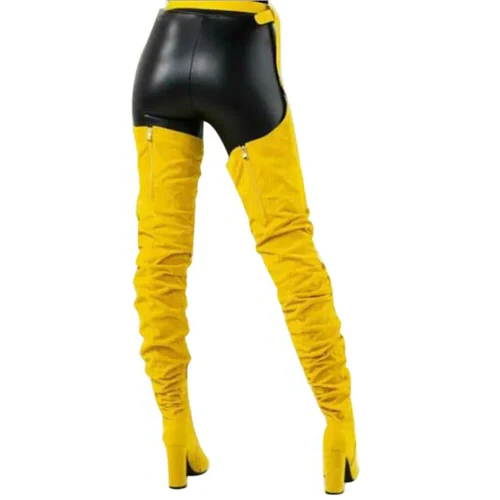 Women Faux Suede Thigh High Waist Belt Chunky High Heel Slouch Boots | Over The Knee Waist Belted Boots - Image 5