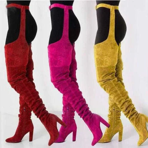 Women Faux Suede Thigh High Waist Belt Chunky High Heel Slouch Boots | Over The Knee Waist Belted Boots - Image 6