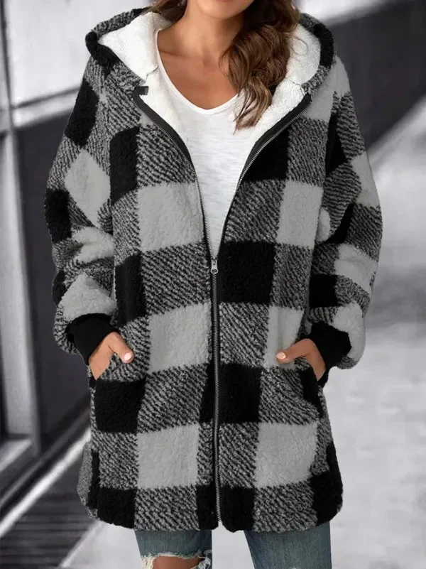 Women Oversized Hoodie Plaid Loose Overcoat - Image 2