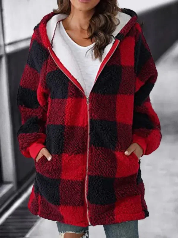 Women Oversized Hoodie Plaid Loose Overcoat - Image 3