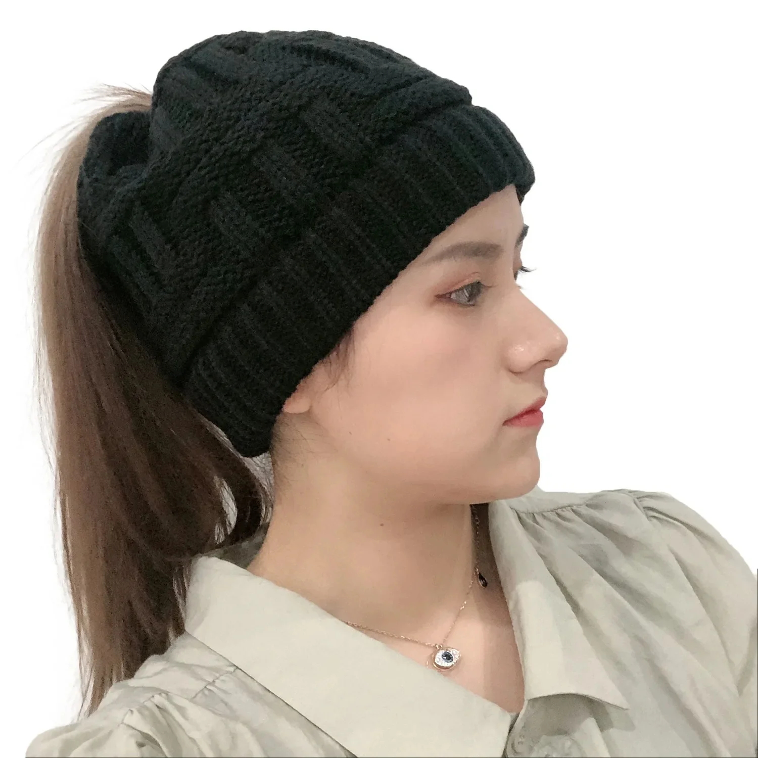 Women Winter Knit Beanie Ponytail Knit Hat - Image 2