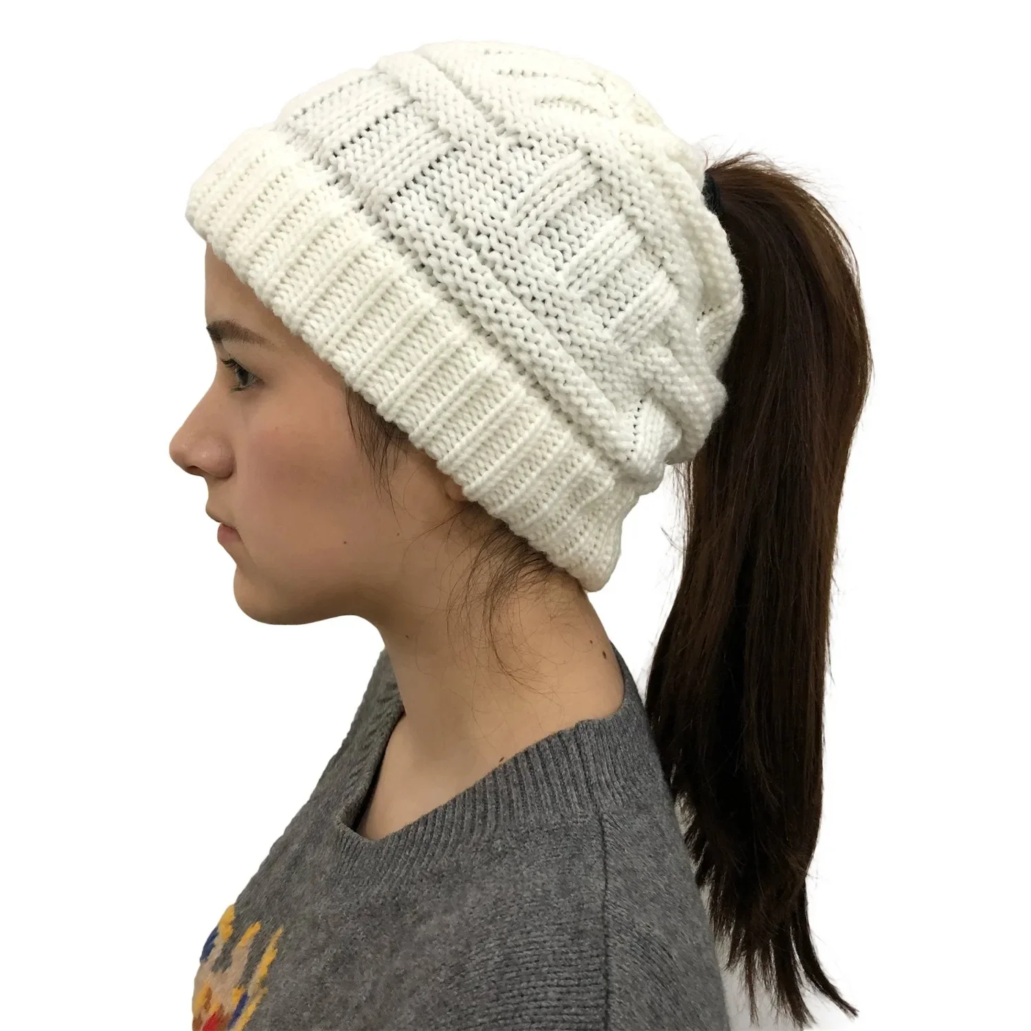 Women Winter Knit Beanie Ponytail Knit Hat - Image 7