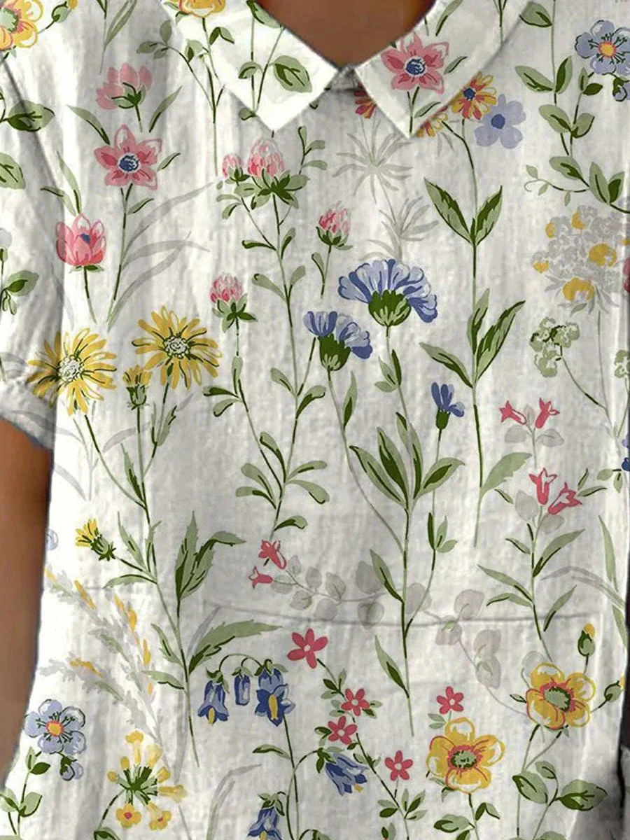 Women's Casual Cotton Linen Shirt with Retro Floral Print