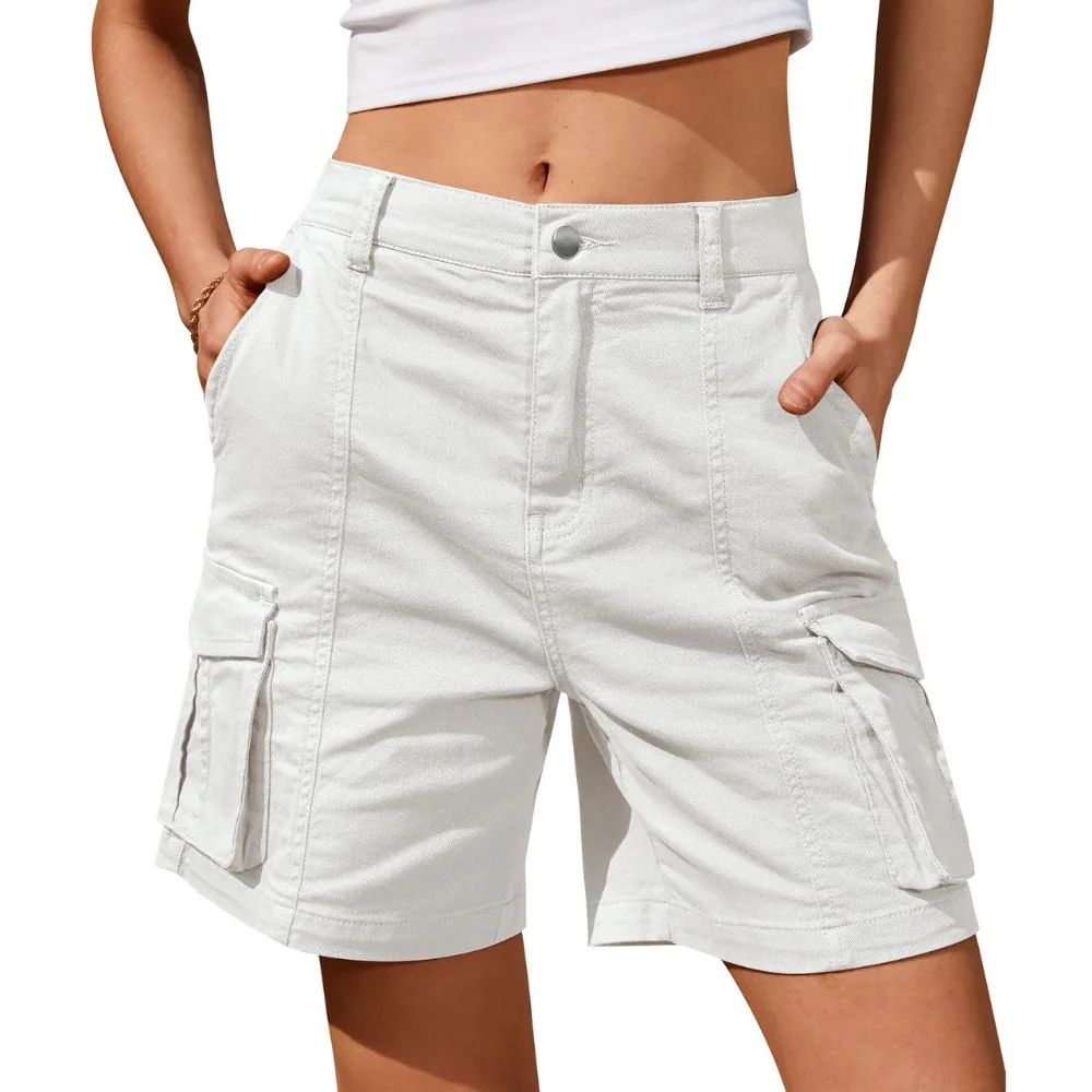 Womens Low Waist Long Work Cargo Shorts - Image 3